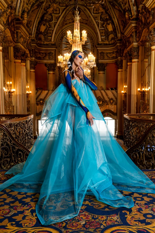 Jeff Linett fashion editorial portrait in blue couture