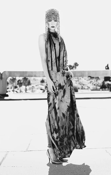 Black-and-white fashion portrait with sculptural styling