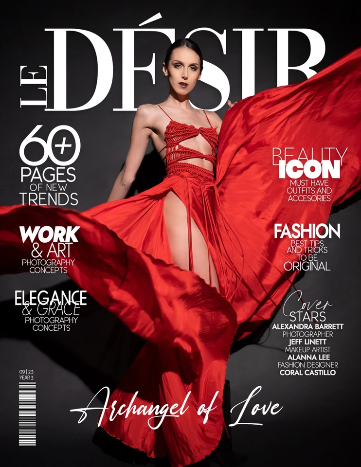 Le Desir cover featuring Jeff Linett photography and flowing red fashion