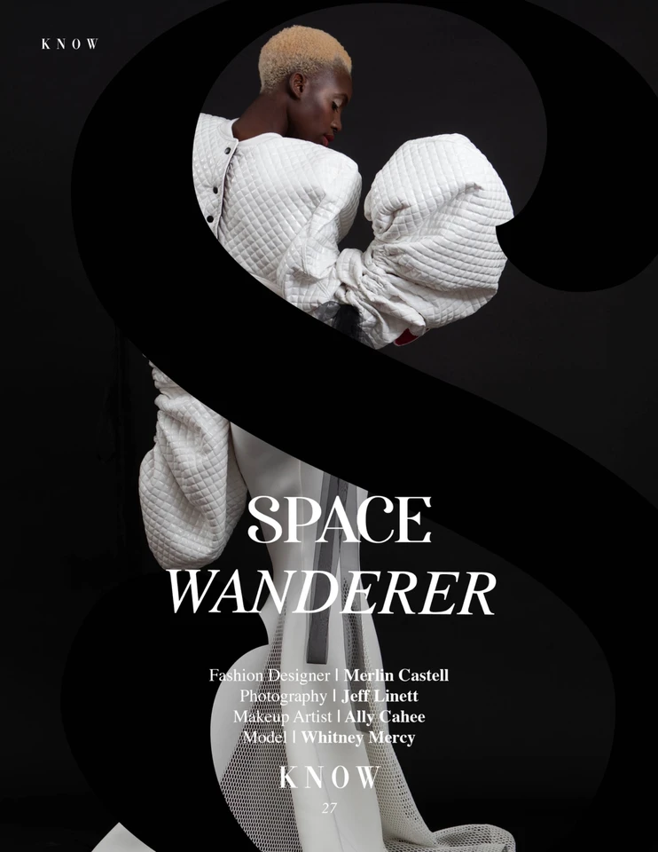 KNOW Space Wanderer editorial page with sculptural white couture