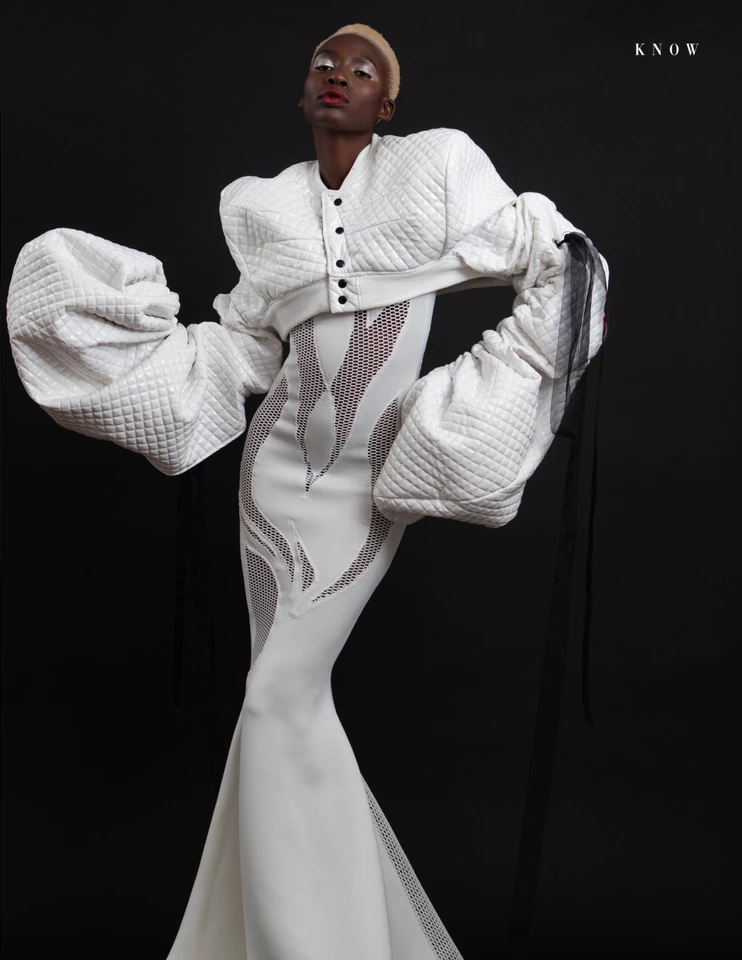 KNOW editorial portrait in sculptural white couture