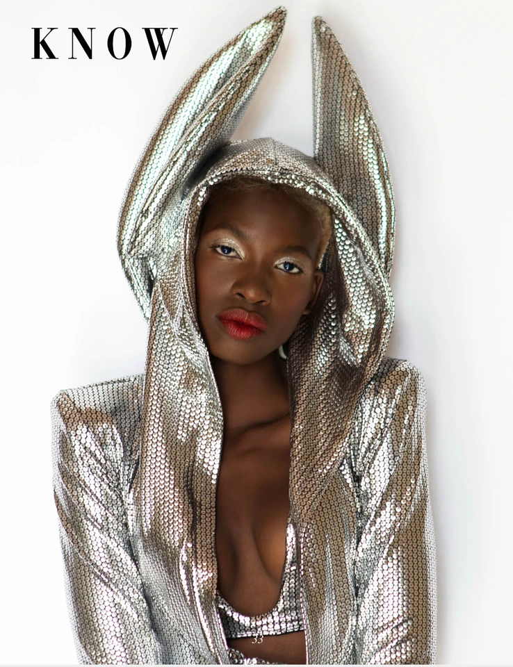 KNOW editorial portrait with a silver headpiece