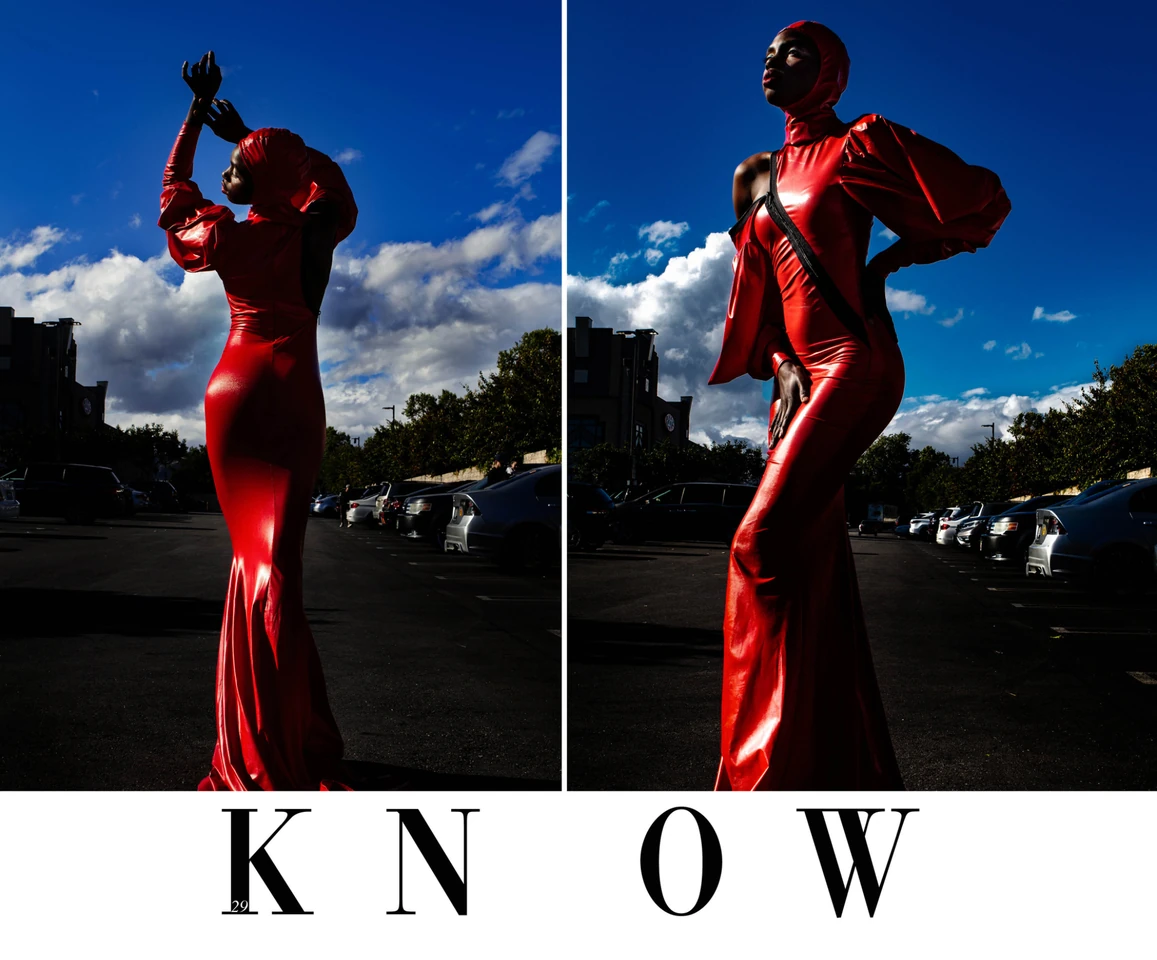KNOW magazine spread featuring red dress fashion photography